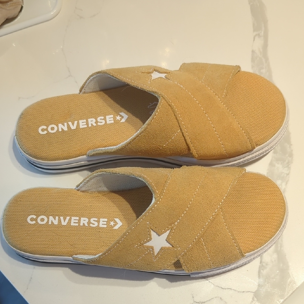 Converse Tan and White Slippers with Suede Straps